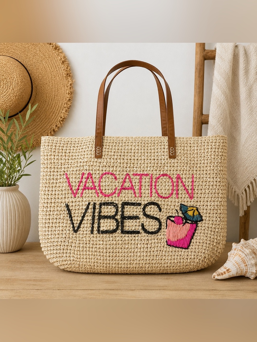 Vacation Vibes Straw Tote Bag Beach Summer Large Woven Shopper
